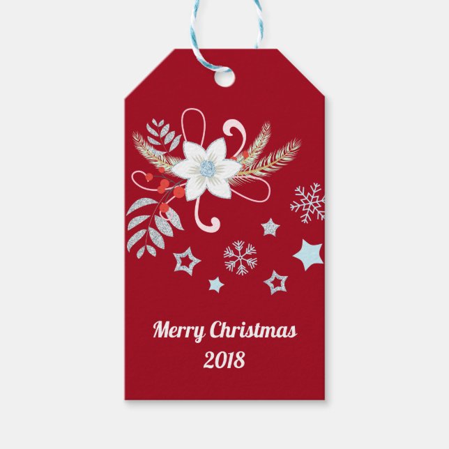 Blommigt Glitter Snöflingor Röda julen Presentetikett (Framsidan)