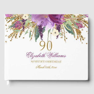 Blommigt Glitter Sparkling Amethyst 90:e Birthday Gästböcker