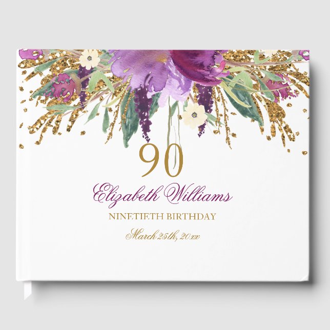 Blommigt Glitter Sparkling Amethyst 90:e Birthday Gästböcker (Framsida)