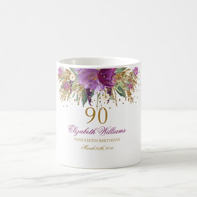 Blommigt Glitter Sparkling Amethyst 90:e Birthday Kaffemugg (Center)