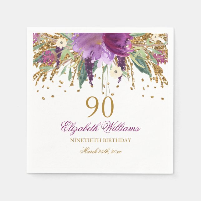 Blommigt Glitter Sparkling Amethyst 90:e Birthday Pappersservett (Framsidan)