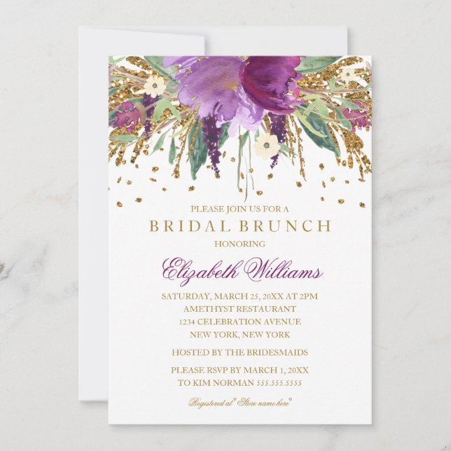Blommigt Glitter Sparkling Amethyst Möhippa Brunch Inbjudningar (Framsida)