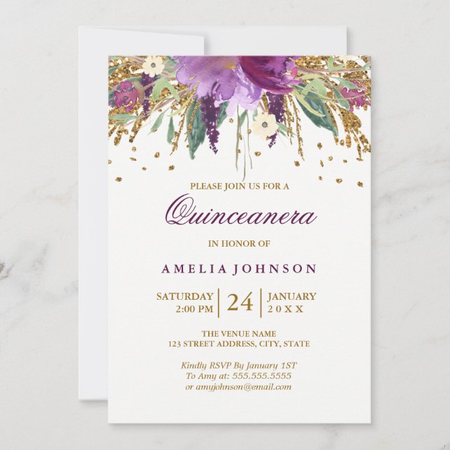 Blommigt Glitter Sparkling Amethyst Quinceanera Inbjudningar (Framsida)