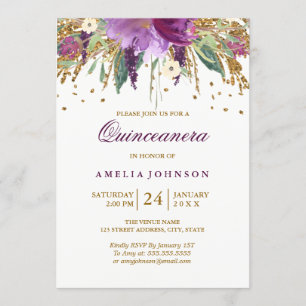 Blommigt Glitter Sparkling Amethyst Quinceanera Inbjudningar