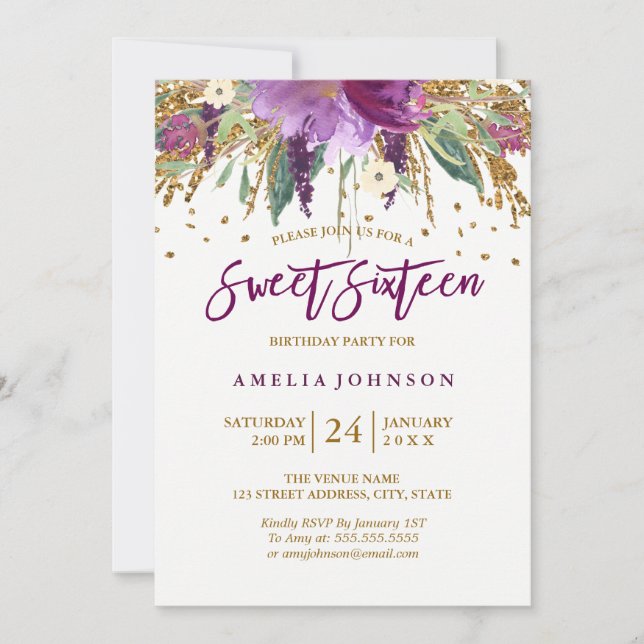 Blommigt Glitter Sparkling Amethyst Sweet sixteen Inbjudningar (Framsida)