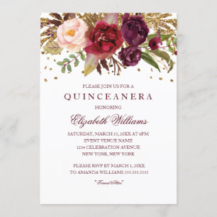 Blommigt Glitter Sparkling Burgundy Quinceanera Inbjudningar