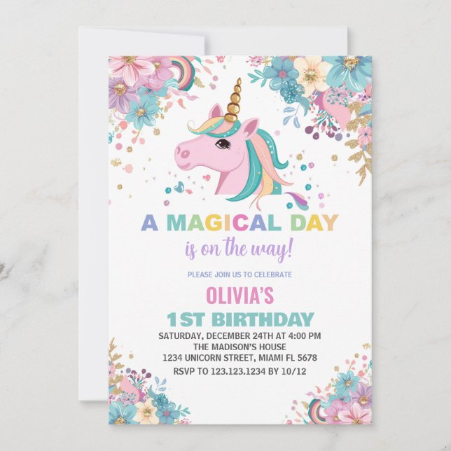 Blommigt Glitter Unicorn Birthday Investigations Inbjudningar (Framsida)