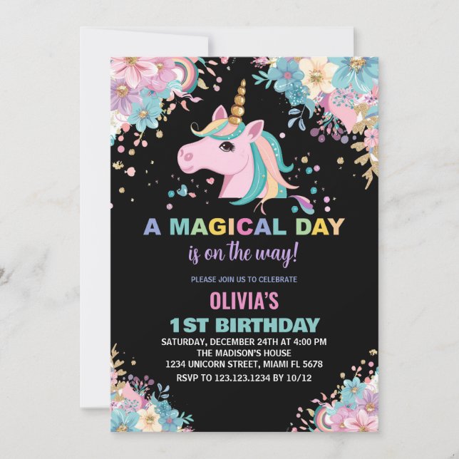 Blommigt Glitter Unicorn Birthday Investigations Inbjudningar (Framsida)