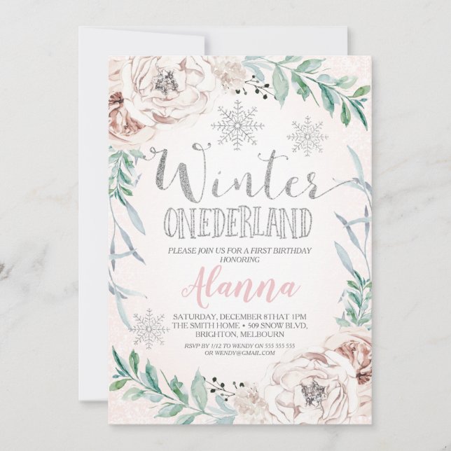 Blommigt Glitter Winter Onederland födelsedag Inbjudningar (Framsida)