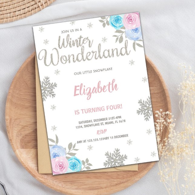 Blommigt Glitter Winter Wonderland Birthday Inbjudningar (Floral Silver Glitter Winter Wonderland Birthday Invitation)