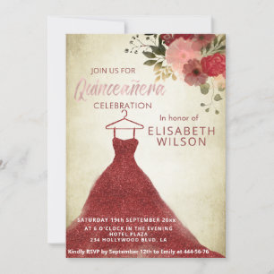 Blommigt Glittery burgundy dress Quinceañera Invit Inbjudningar