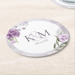 Blommigt Gnistra Bröllop Initialer Mauve ID889 Underlägg Papper Rund