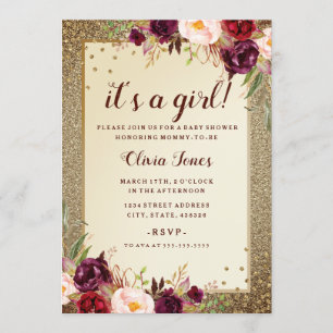 Blommigt Gnistra Burgundy Guld Baby Shower Inbjuda Inbjudningar