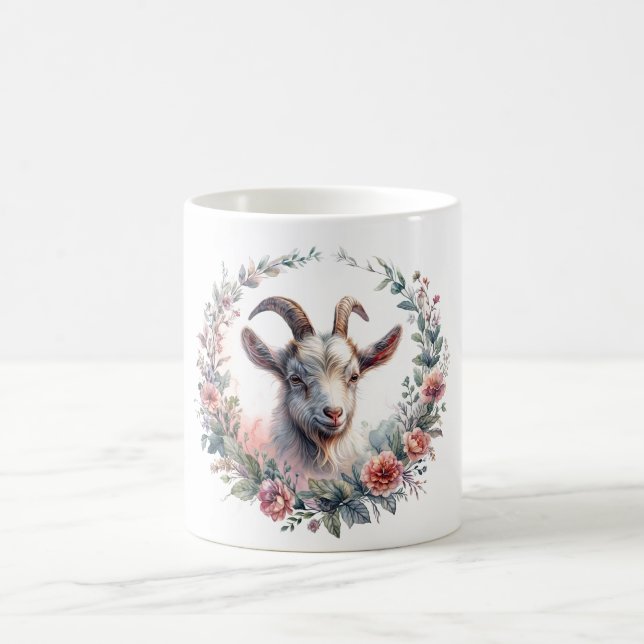Blommigt Goat Watercolor Porträtt Kaffemugg (Center)