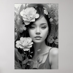 Blommigt Goddess i Black and White Poster