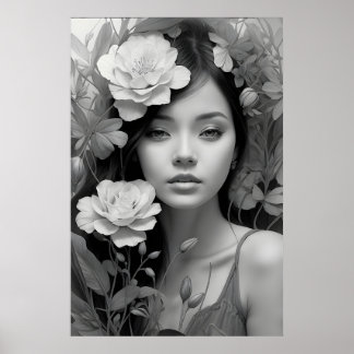 Blommigt Goddess i Black and White Poster