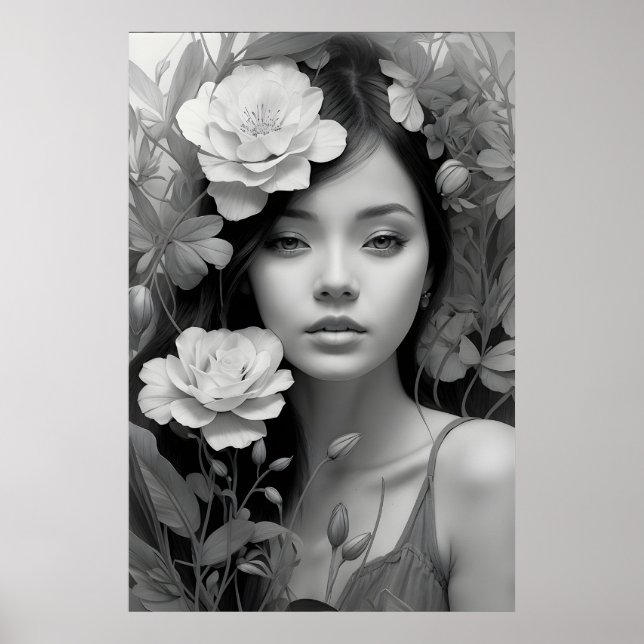 Blommigt Goddess i Black and White Poster (Framsidan)