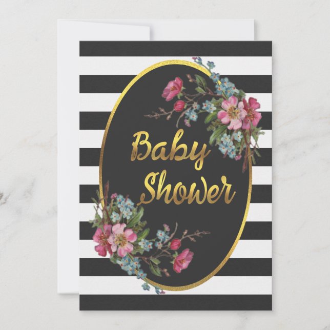 Blommigt Gold Foil Baby Shower Black White Rand Inbjudningar (Framsida)