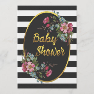 Blommigt Gold Foil Baby Shower Black White Rand Inbjudningar
