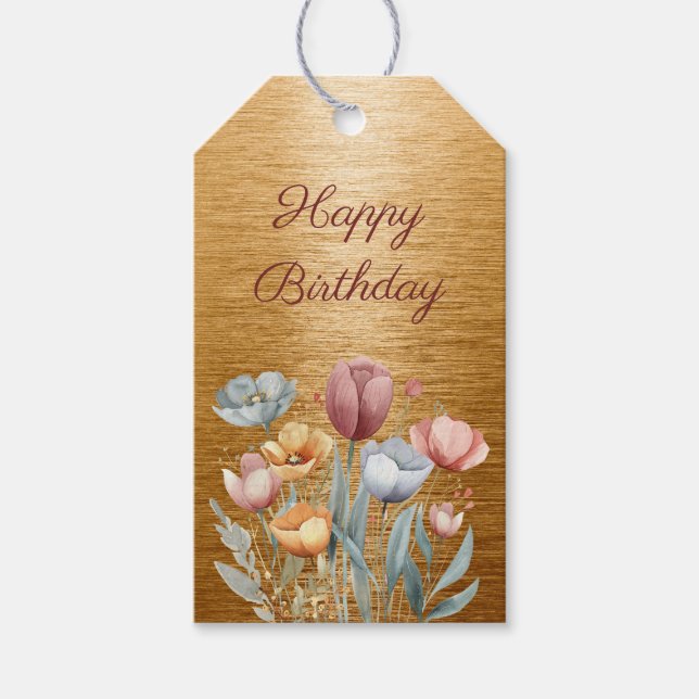 Blommigt Gold Foil Grattis på födelsedagen Presentetikett (Framsidan)