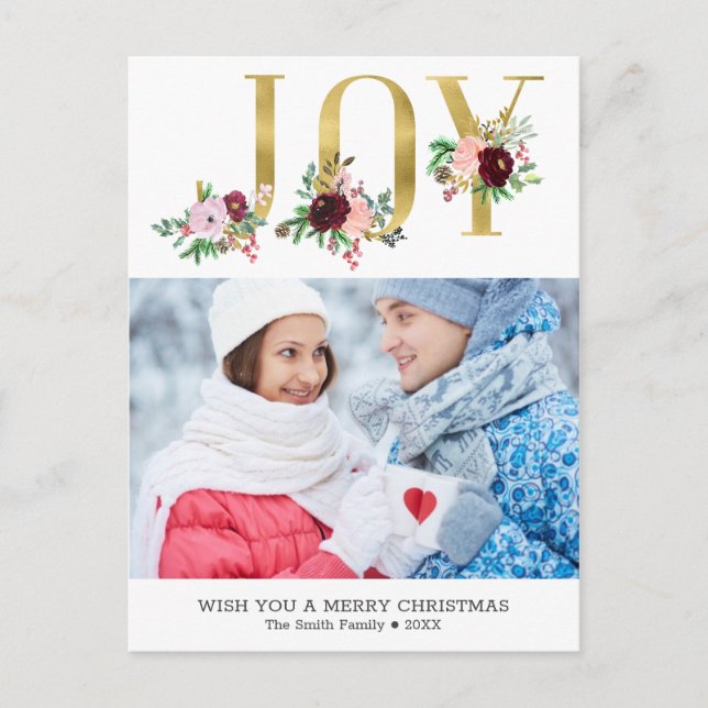 Blommigt Gold Foil Joy Anpassningsbar Photo jul Vykort (Framsida)