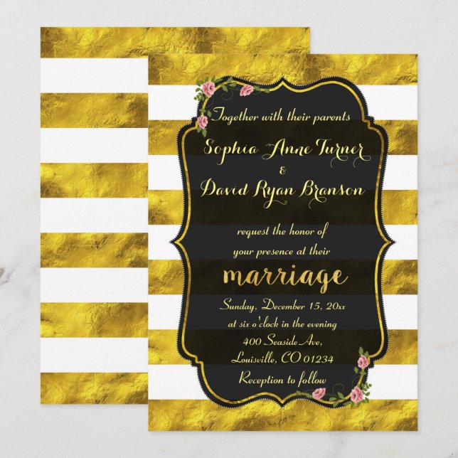 Blommigt Gold Foil Rand Black Wedding bjudande Inbjudningar (Fram/baksida)