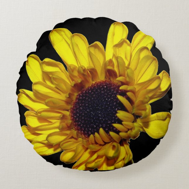 Blommigt Golden Gult Black Abstrakt Artsy Gift Rund Kudde (Framsidan)