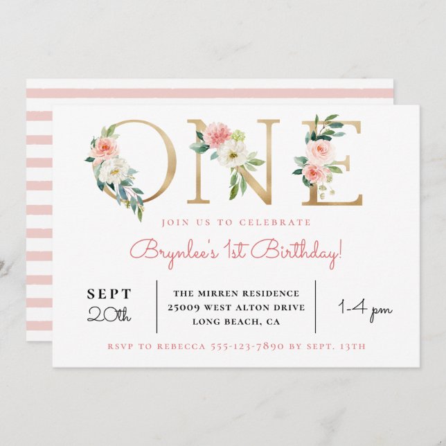  Blommigt Golden ONE| Inbjudan från första födelse (Fram/baksida)