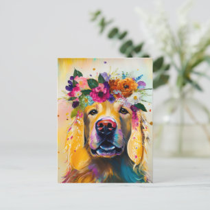Blommigt Golden Retriever-målning Vykort