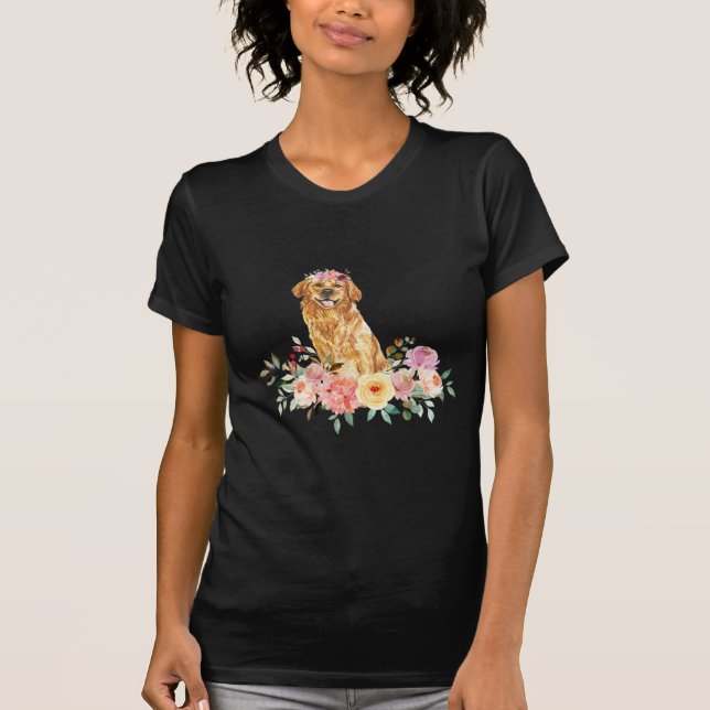 Blommigt Golden Retriever T Shirt (Framsida)