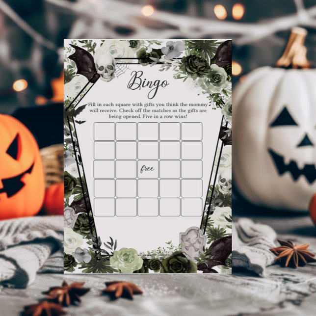 Blommigt Gotham Baby Shower Bingo Game (Floral Gothic Coffin Baby Shower Bingo Game)