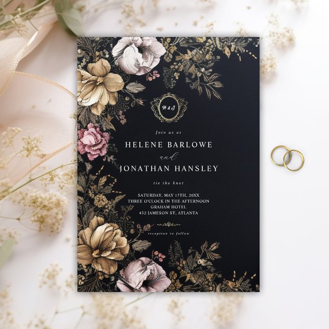 Blommigt Gothic Black Monogram Bröllop Inbjudningar (Floral Gothic Black Monogram Wedding Invitation)