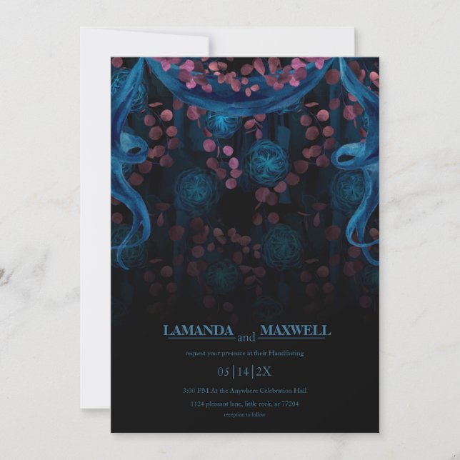 Blommigt Gothic Blue Rosa Bröllop Handfastening vi Inbjudningar (Framsida)