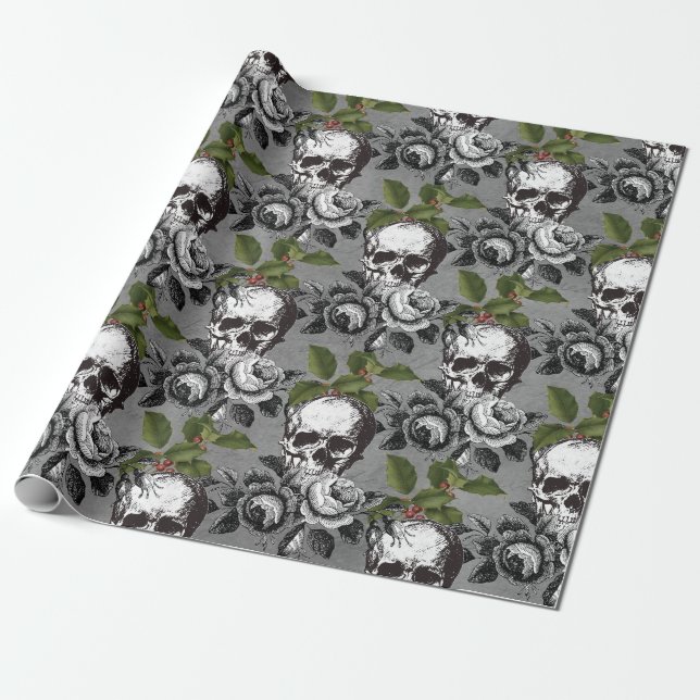 Blommigt Gothic Grunge jul Skull Mönster Presentpapper (Utrullad)