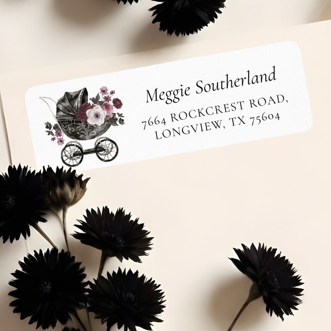 Blommigt Gothic Halloween Barnvagn Black Baby Show Returadress Etikett (Floral Gothic Halloween Stroller Black Baby Shower Label)
