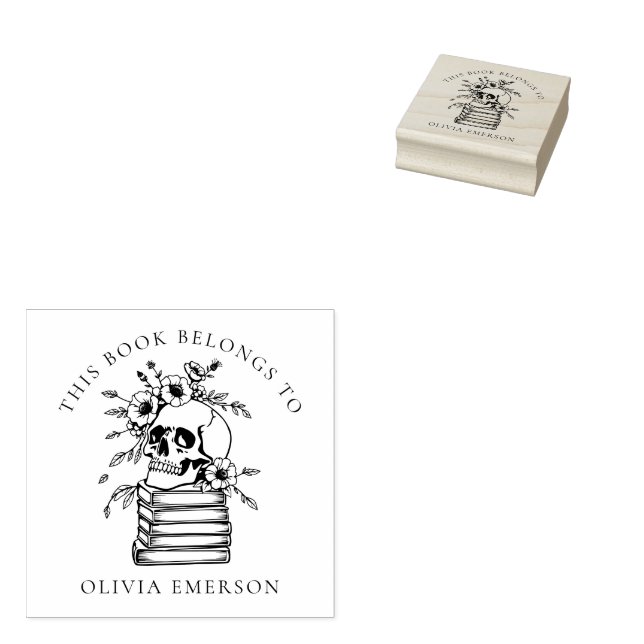 Blommigt Gothic Skull Personal Bibliotek Bok Stämpel (Stämplad)