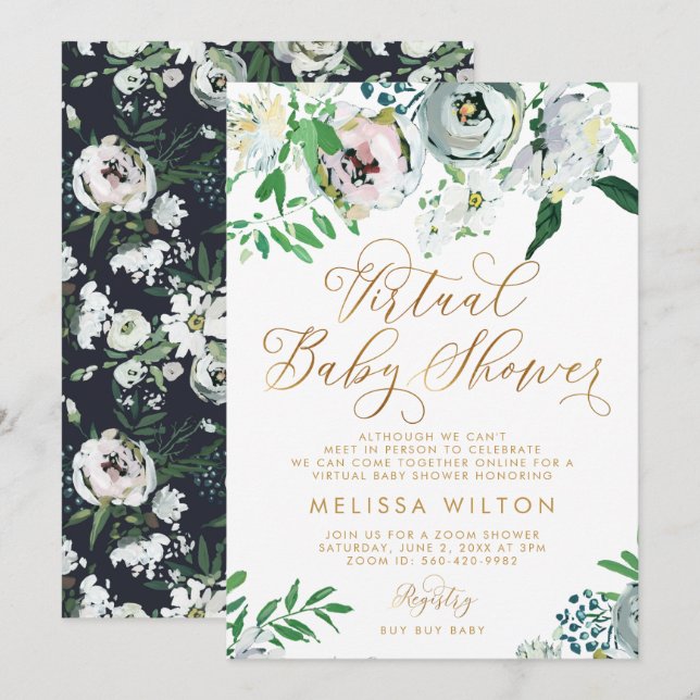 Blommigt Gouache Boho Flower Virtuellare Baby Show Inbjudningar (Fram/baksida)