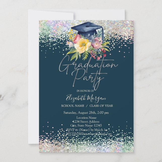 Blommigt Grad Cap,Confetti Navy Blue Studenten Inbjudningar (Framsida)