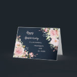 Blommigt Grandson och hans fru Bröllop-årsdag Kort<br><div class="desc">Lycklig bröllop-årskort för barnson och hans fru med elegant blommor med  rosa och marin blå bakgrund och hjärtfilt versum.</div>