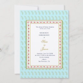 Blommigt gräns Aqua & Guld Indiska bröllop Mehendi Inbjudningar