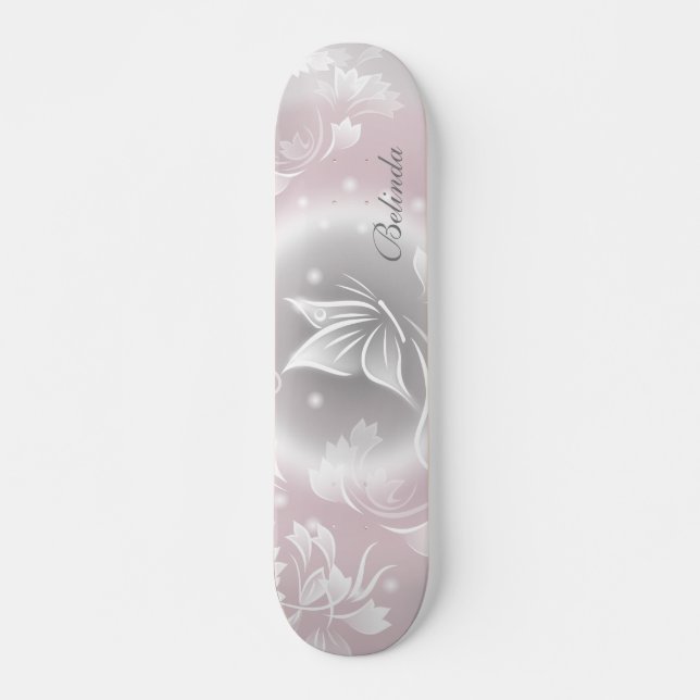 Blommigt  Grått Butterfly Personalize Mini Skateboard Bräda 18,5 Cm (Framsida)