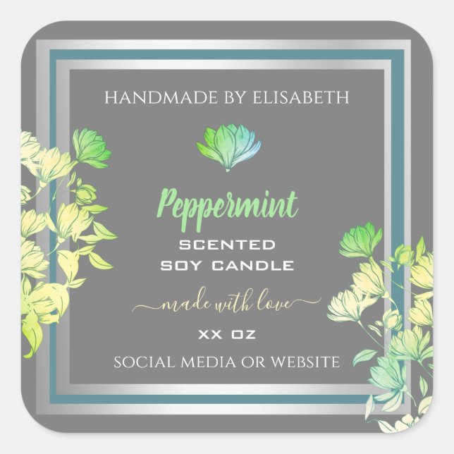 Blommigt Grått produktförpackning Etiketter Silver (Framsida)