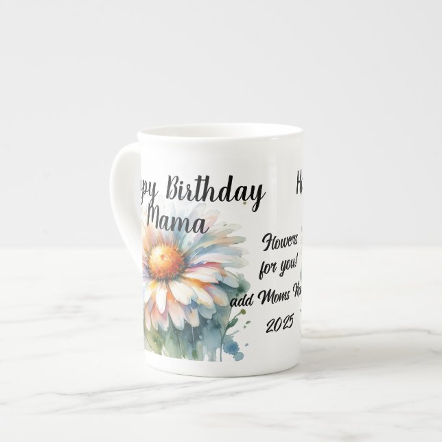 Blommigt Grattis på födelsedagen Mamma personalise Benporslin Mugg (Framsida vänster)