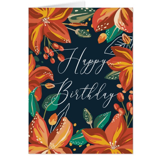 Blommigt Grattis på födelsedagen. Röda blommor. Vä Hälsningskort (Framsidan)