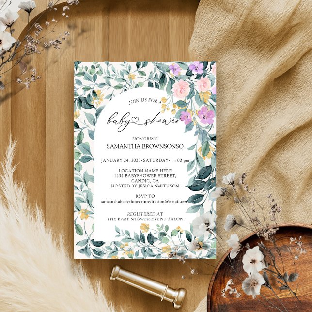 Blommigt Greenary Budget Baby Shower Inbjudningar (Skapare uppladdad)