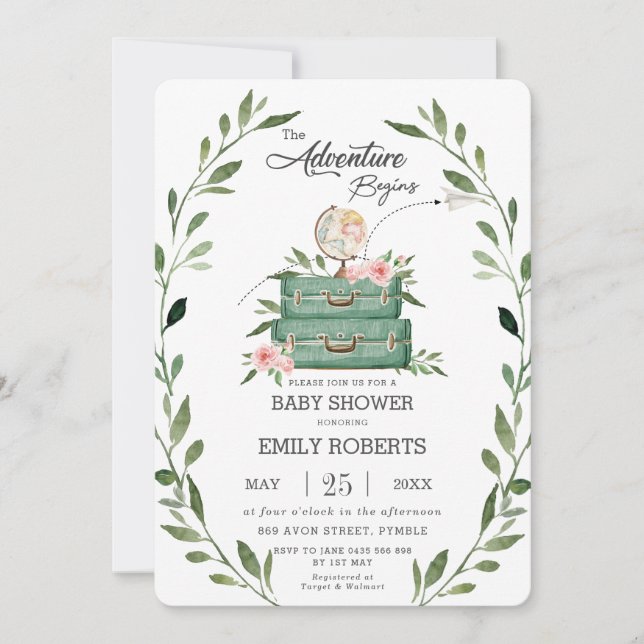 Blommigt Greenery Äventyr Baby Shower Travel Inbjudningar (Framsida)