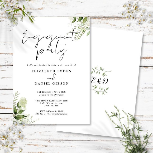 Blommigt Greenery Black and White Förlovningsfest Inbjudningar (Floral Greenery Black And White Engagement Party Invitation)
