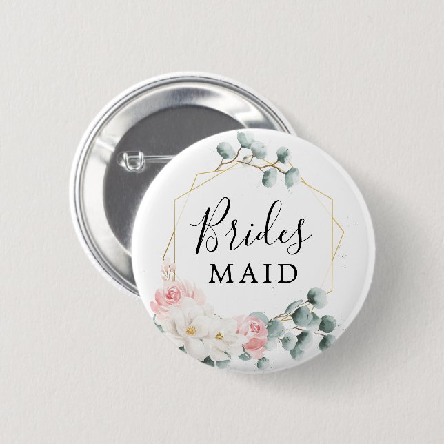 Blommigt Greenery Brudens sida Button Bridesmaid Knapp (Framsida & baksida)