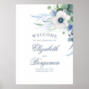 Blommigt Greenery Dusty Blue Bröllop Välkomstskylt Poster