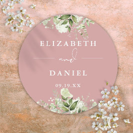 Blommigt Greenery Dusty Ro Wedding Favor Runt Klistermärke
